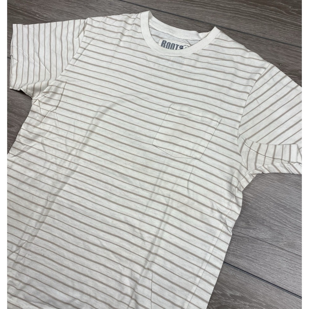 Roots Canada Men's Short Sleeve Striped T Shirt Beige Size Large